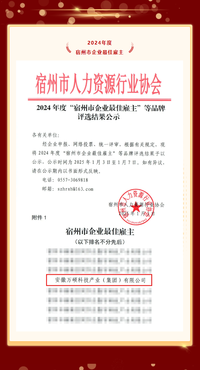 喜報(bào) | 安徽萬(wàn)碩科技產(chǎn)業(yè)（集團(tuán)）有限公司榮獲2024年度“宿州市企業(yè)最佳雇主”榮譽(yù)稱(chēng)號(hào)